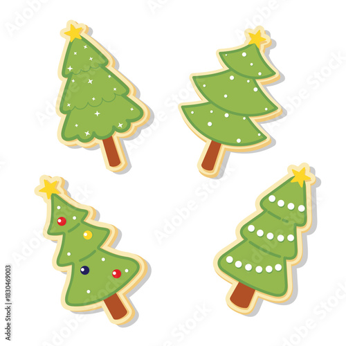 Cute vector illustration set of Christmas tree cookies decorated with stars, ornaments, and icing details, isolated on white background for festive holiday designs and seasonal packaging.
