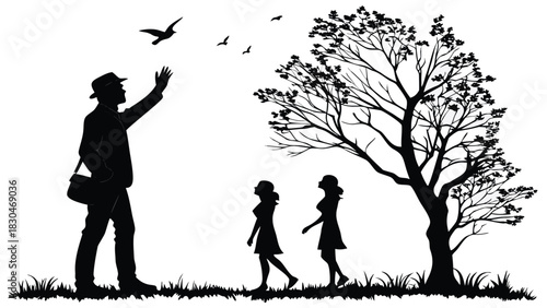 Vector illustration of silhouette of a man waving at birds flying near a tree while two women walk by