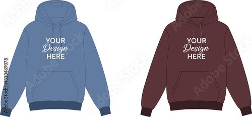Hoodie mockup set, blue and maroon colors, front view, customizable, blank template, apparel design, casual wear, loungewear, comfortable, vector, illustration, graphic, branding.