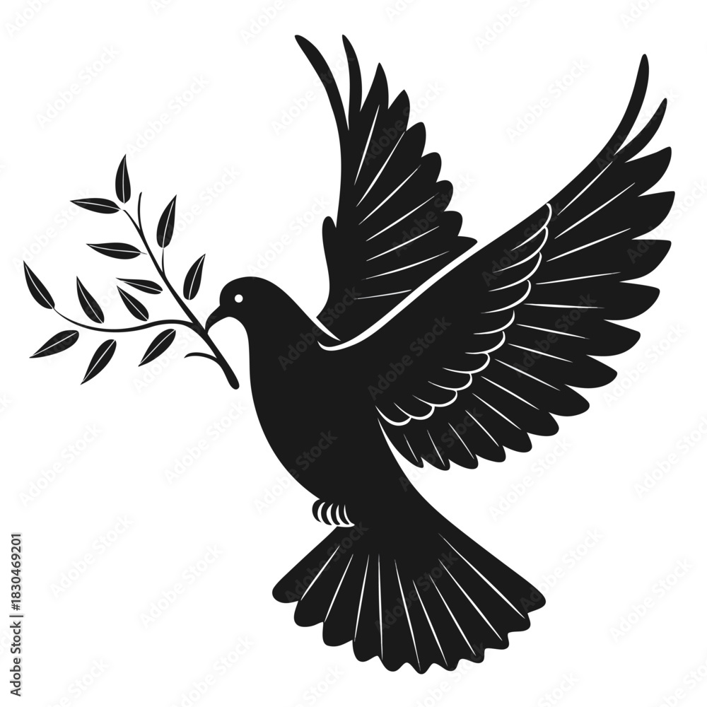 Fototapeta premium Vector illustration of silhouette of a dove flying with an olive branch in its beak
