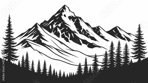 Vector illustration majestic mountain peak rises above the treeline, its snowcapped summit piercing the sky, a symbol of natures grandeur