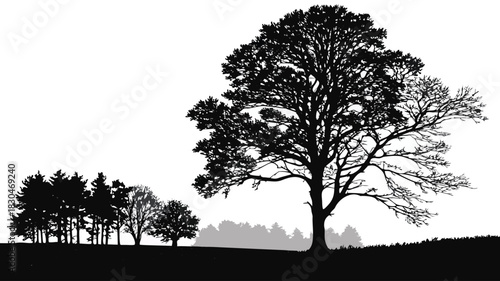 Vector illustration silhouette of a majestic tree with intricate branches and a group of smaller trees