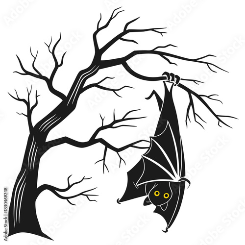Vector illustration of black silhouette of a bat hanging upside down from a bare, spooky tree branch