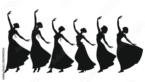 Vector illustration of silhouette of six graceful female dancers performing various ballet or contemporary dance poses
