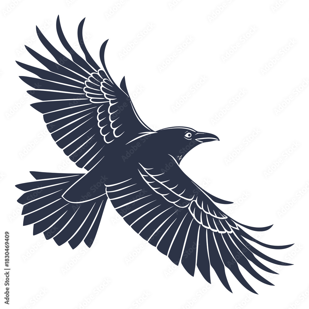 Obraz premium Vector illustration of stylized dark silhouette of a raven or crow bird in full flight with wings spread wide