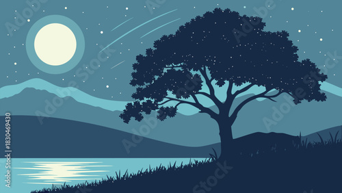 Vector illustration of silhouette of a large tree against a starry night sky with a bright full moon reflecting on calm water near mountains