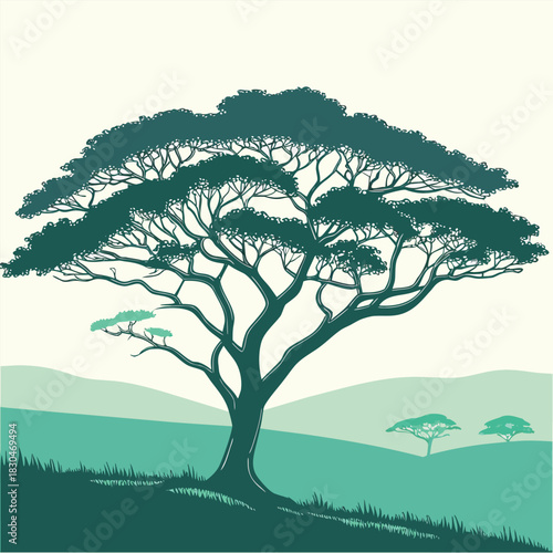 Vector illustration a majestic acacia tree stands tall against a backdrop of rolling hills, its branches reaching towards the sky