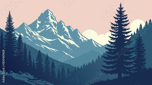 Vector illustration a serene mountain landscape with towering peaks, lush forests, and a tranquil sky, creating a peaceful and scenic vista