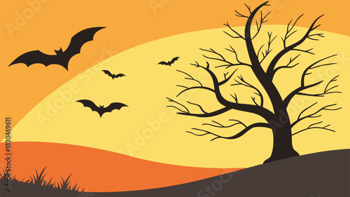 Vector illustration of silhouette of bats flying past a spooky bare tree against an orange and yellow sunset sky background