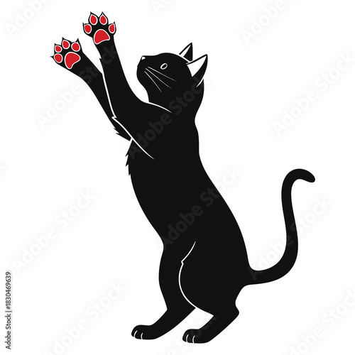 Vector illustration a black cat is standing on its hind legs and reaching up with its paws