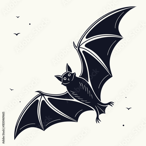 Vector illustration of stylized black silhouette of a bat in flight with outstretched wings against a light background