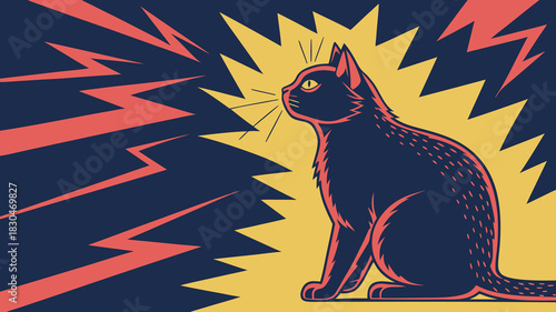 Vector illustration a stylized illustration of a black cat hissing with red lightning bolts and yellow starbursts in the background