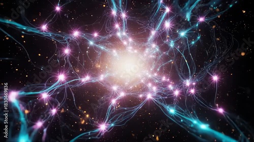Glowing network of energetic light strands on a dark background