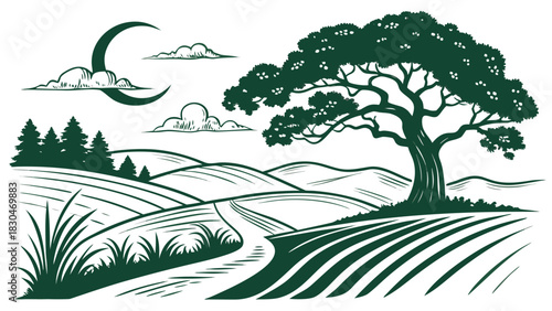 Vector illustration of vintage style illustration of a serene countryside landscape featuring rolling hills, a winding path, and a large solitary tree under a crescent moon