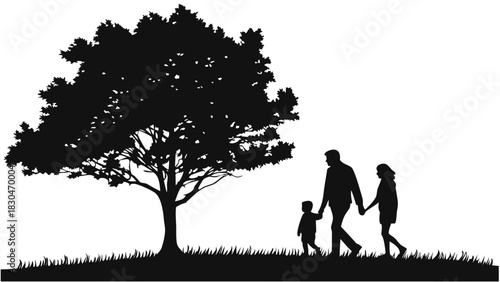 Vector illustration of silhouette of a family walking handinhand near a large tree on a grassy area