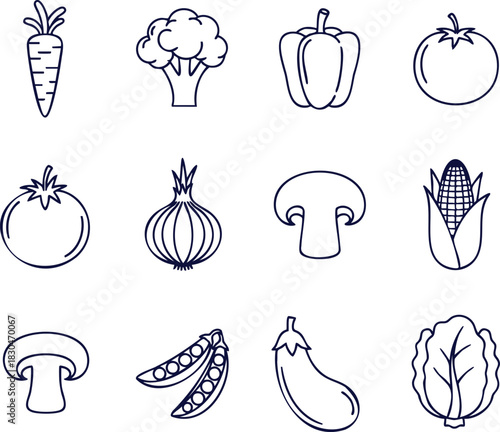 Fresh garden vegetables line art for healthy recipes and nutrition guides, perfect for farm-to-table promotions and vibrant food blogs