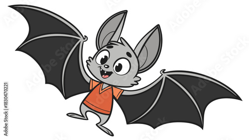 Vector illustration of cute cartoon baby bat with big ears and wings spread wide, flying happily