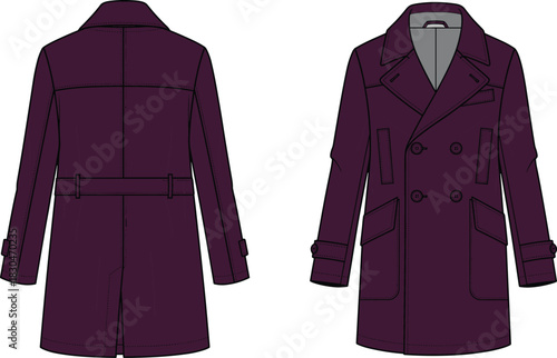 Men's Double-Breasted Trench Coat Technical Drawing: Front, Back Views, Fashion Flat Sketch for Classic Outerwear, Stylish, Formal, Modern Apparel Design.