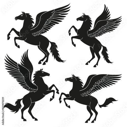 Vector illustration of four black silhouette illustrations of a mythical winged horse, pegasus, in various dynamic poses