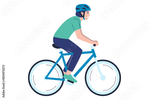 Young woman riding a bicycle wearing a blue safety helmet