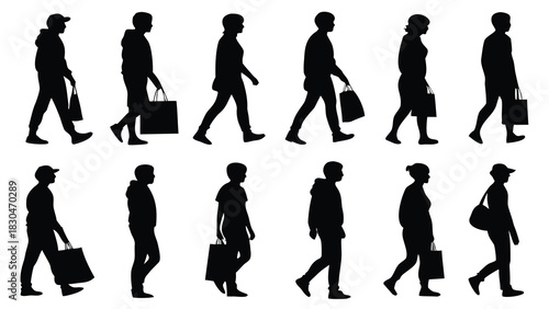 Vector illustration of silhouette collection of diverse people walking with shopping bags