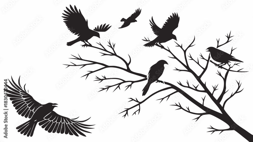 Obraz premium Vector illustration of silhouette of several black birds flying and perched on bare tree branches