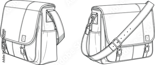 Men's Messenger Bag Technical Drawing: 3/4 Views, Fashion Flat Sketch for Casual, Modern, Durable Accessory Design Blueprint.