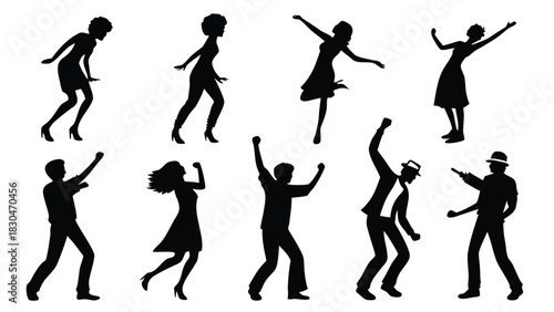Vector illustration of collection of diverse silhouette figures dancing and celebrating