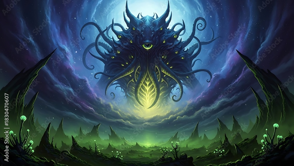 Obraz premium Cosmic Horror Creature Emerging From A Mystical Portal In A Dark, Alien Landscape