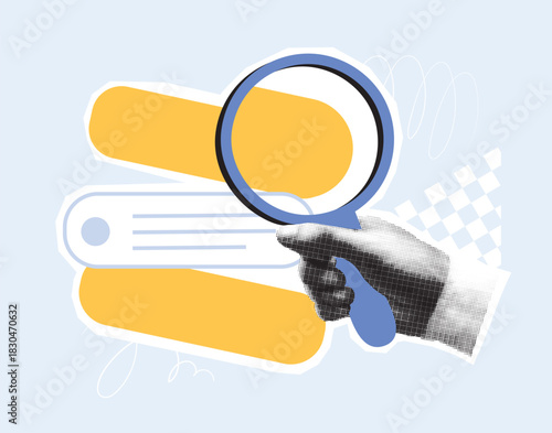 A hand with a magnifying glass and lines of text. A modern vector halftone collage. A search and analysis concept for business.