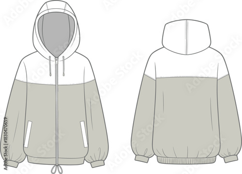Hooded jacket technical sketch, front and back view, color-block design, drawstring hem, zipper closure, fashion flat, garment illustration