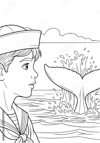 A sailor boy watches a whale swimming on the ocean surface. coloring book
