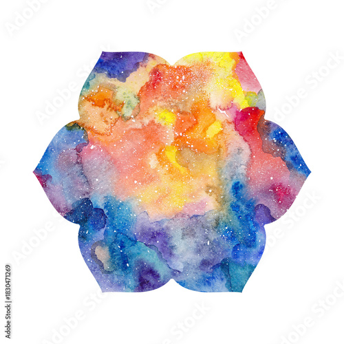 Illustration of mandala shape. Multicolored colorful watercolor texture, background. Oriental ethnic asian lotus flower symbol sign, chakra silhouette. Blue orange colors.