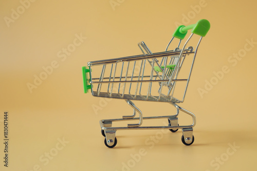 An empty tiny shopping cart on color background.