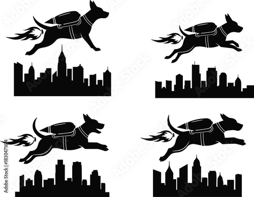 Jetpack dogs flying above city skylines in four poses, cartoon animal silhouette set, fantasy urban motion concept, white background illustration