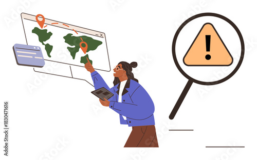Woman with tablet examines map with geolocation markers, identifying risks highlighted by magnifying glass with warning icon. Ideal for analytics, location tracking, warning system, global