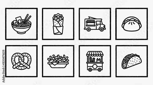 Assorted street food icon set in a minimalistic style drawing