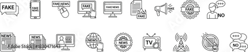 Fake News and News Icons Set: Media Literacy, Misinformation, Propaganda, Digital Communication, Journalism, Online Information, Editable Vector Outlines.