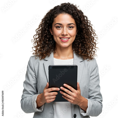 Wallpaper Mural Smiling woman in blazer holding tablet isolated on transparent background Torontodigital.ca