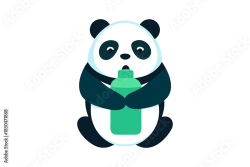 Cute cartoon panda bear sitting and holding a green water bottle with a surprised expression on its face