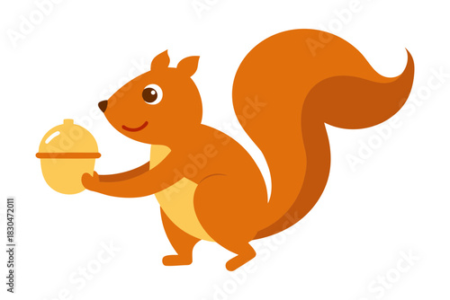 A cute cartoon orange squirrel holding a yellow acorn in its paws with a happy expression and a fluffy tail isolated on a black background