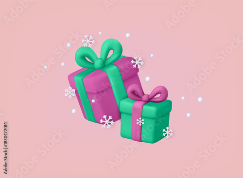 Colorful 3D Christmas gift boxes with ribbons and snowflakes on soft pink background. Perfect for festive ads, seasonal branding and holiday product promotions. 3D vector illustration.