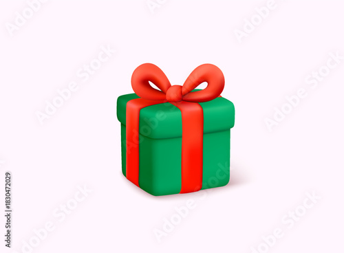 Soft 3D Christmas present wrapped in green paper with red ribbon. Perfect for festive promotions, winter branding, holiday ads and seasonal product marketing.