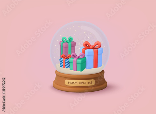 Beautiful 3D snow globe filled with colorful Christmas gifts and falling snow. Perfect for holiday campaigns, festive greeting cards, branding and winter promotion. 3D illustration.