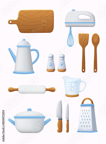 Collection of 3D kitchen tools including knives, cutting board, mixer, pot and utensils. Ideal for cooking blogs, food branding, culinary apps and recipe design. 3D vector illustration.
