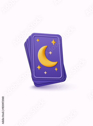 Soft 3D tarot cards with moon and stars on a purple background. Mystical occult design perfect for spiritual branding, astrology content, fortune-telling concepts and esoteric marketing.