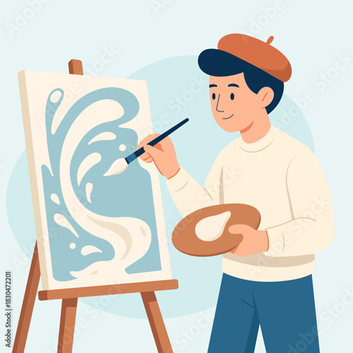 Young artist painting a milk splash on a canvas. Creative scene with bright colors and modern flat design. Illustration of art, creativity, and dairy-themed concept.