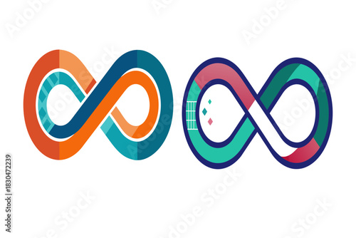 Two stylized infinity symbols with geometric patterns and segmented color palettes representing concepts of endlessness cycles and continuous processes in modern design