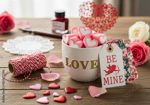 Sweeten your Valentine's Day surprise with charming heart marshmallows in a love mug surrounded by roses, glitter hearts, and a romantic message tag on rustic wood