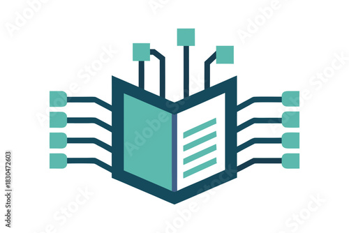 Abstract digital book icon with circuit board elements symbolizing technology and knowledge integration on a black background
